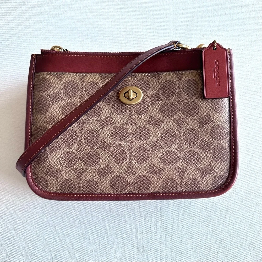 COACH Slim Brown Signature Canvas Turnlock Crossbody